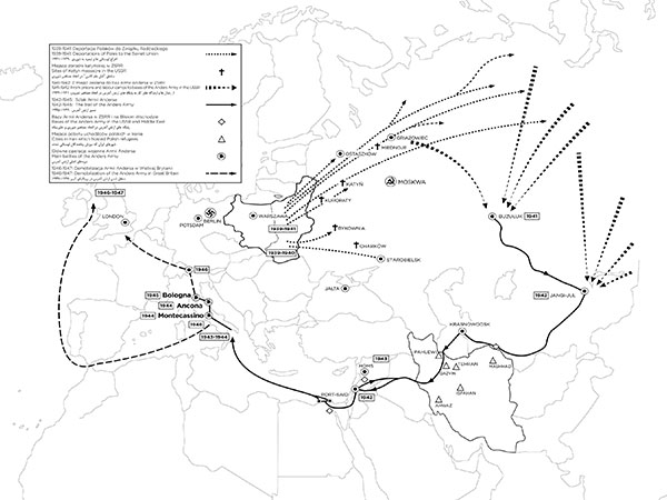 Map of Polish refugees arriving in Iran